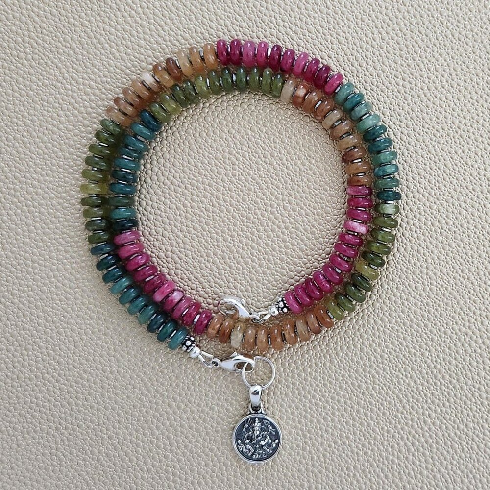 MINI MULTI-COLOR JADE NECKLACE W/ 925 SILVER MINI GANESH--16.75"